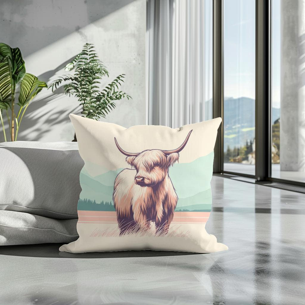 Pastel Highland Cow Minimalism Cotton Cushion - Secondary Image 3