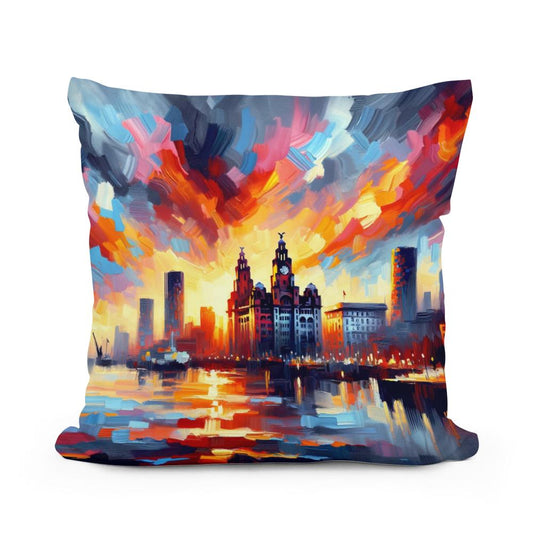 Expressionist Sunset Liverpool Skyline Cotton Pillow - Main Image