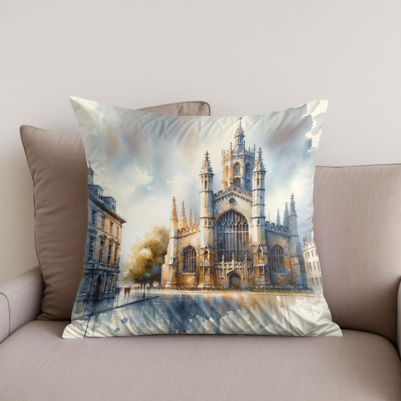 Cambridge St Mary's Watercolor Whisper Cotton Cushion - Secondary Image
