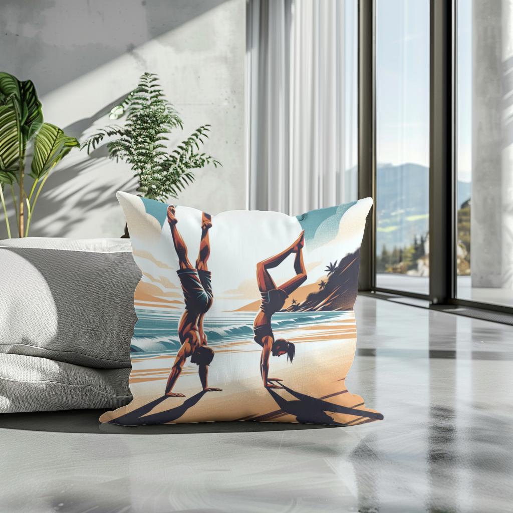 Seaside Acrobatics: Joyful Balance Cotton Cushion - Secondary Image 3