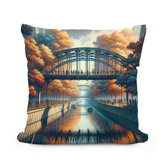 Autumn Urban Bridge Cotton Cushion - Main Image