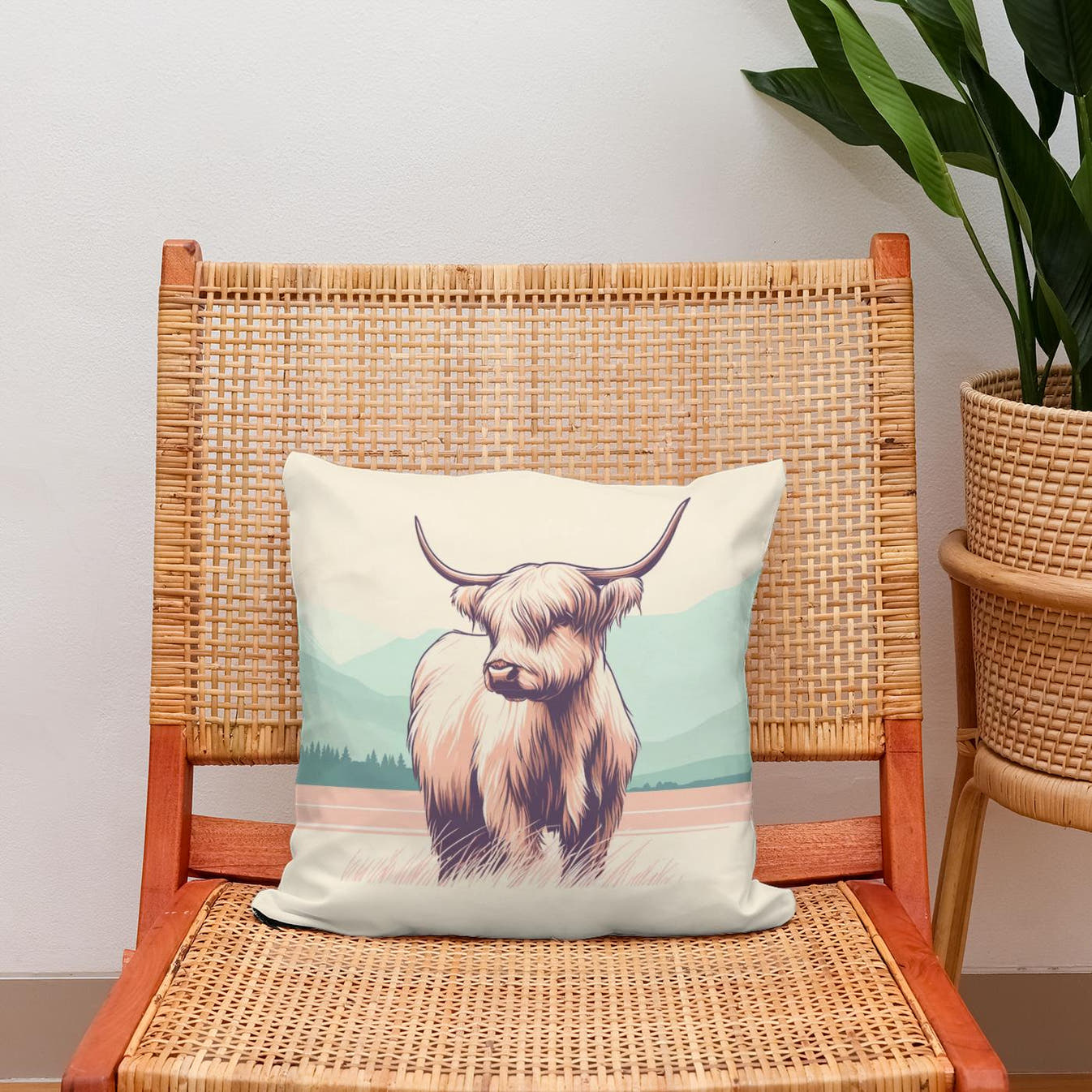 Pastel Highland Cow Minimalism Cotton Cushion - Secondary Image 2