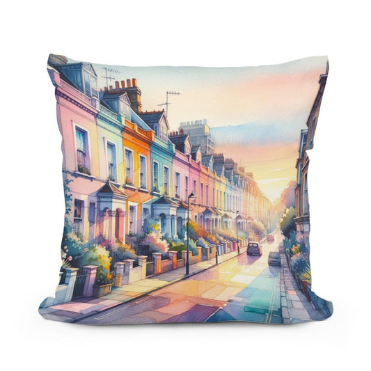 London Notting Hill Morning Watercolor Cotton Cushion - Main Image